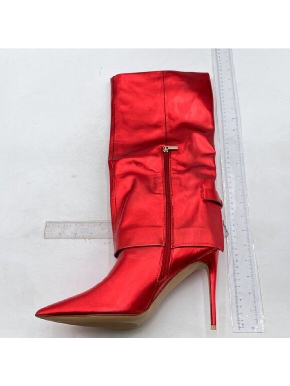 Red Women's Side Zipper Knee High Fold over High Heel Long Shark Boots Shoes